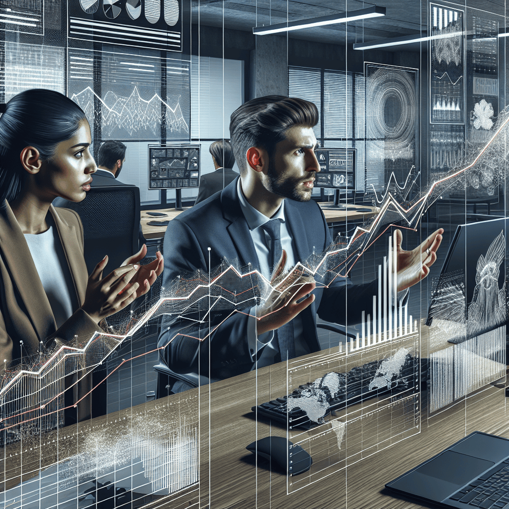 A detailed depiction of a Caucasian and Middle-Eastern pair of experts discussing graphs, charts and datasheets containing trends and statistics about the US housing market and mortgage rates. They are at a modern coworking office space, each of them presenting strategies to navigate through the crisis. The room is filled with computer screens displaying data and the rising line graph indicating the increasing mortgage rates. The experts appear intense but hopeful, emphasizing a sense of resilience amidst challenges.