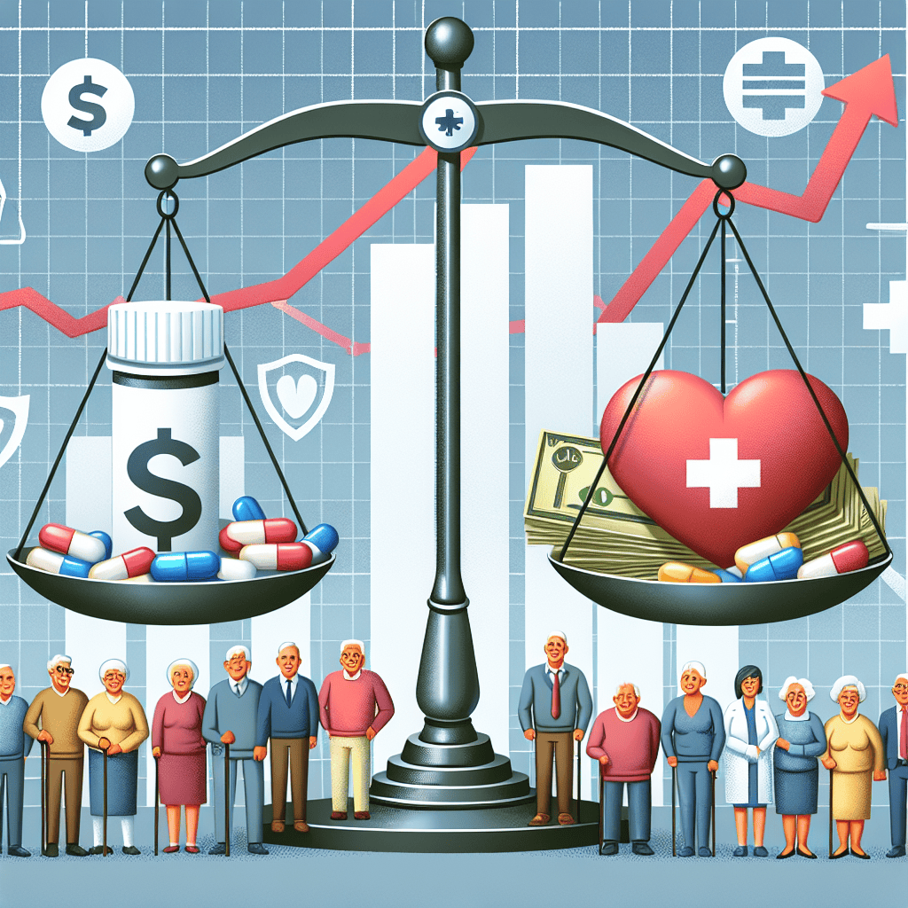 Visualize an image representing the transformation in healthcare costs due to changes in Medicare. Include a large scale with a dollar sign on one side and a medicine symbol on the other to symbolize cost and healthcare. On the background, show a graph indicating a downward trend to represent the decrease in costs. Also, include signs of elderly individuals of various descents such as Caucasian, Hispanic, and African, who are the main recipients of Medicare, looking satisfied with these changes.