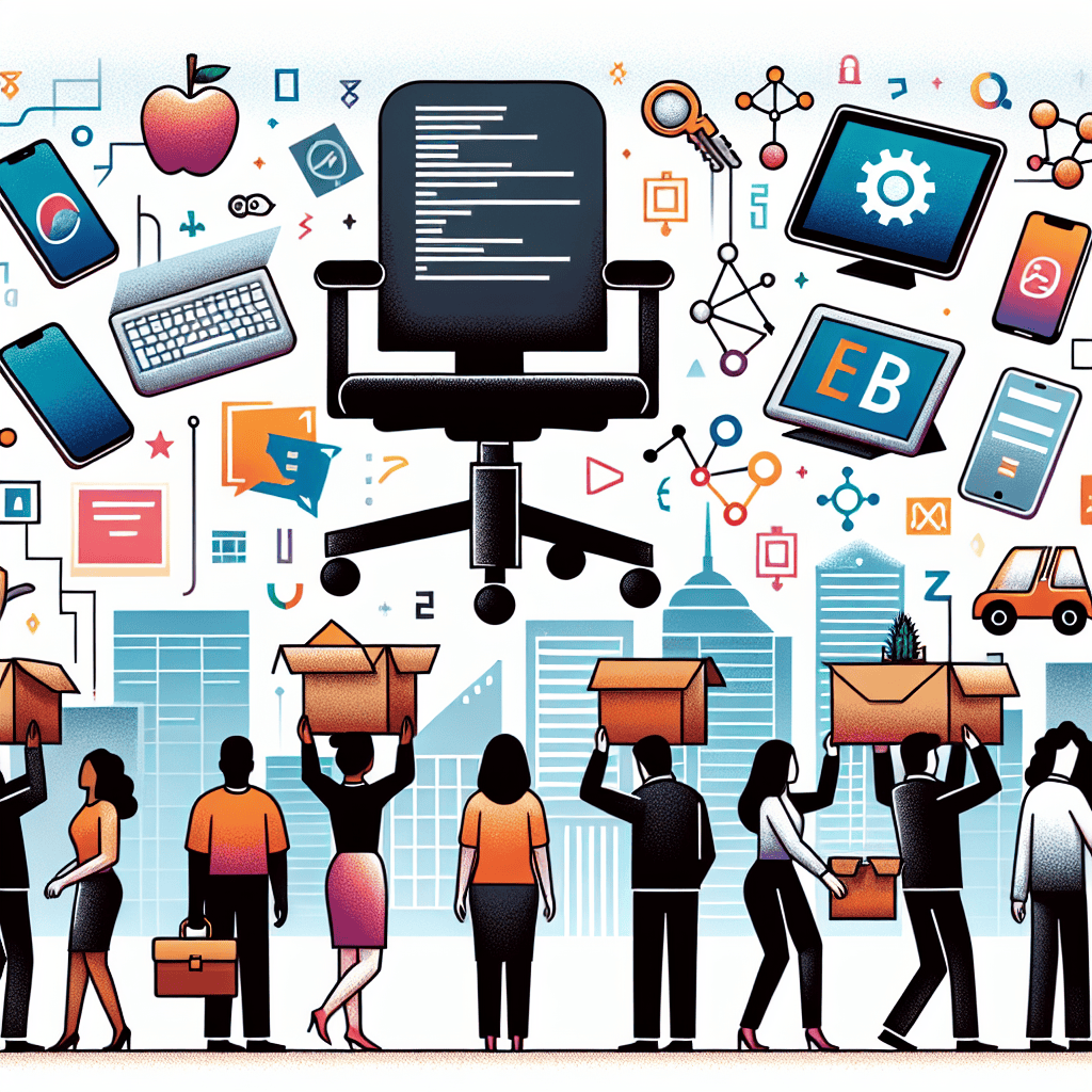 An illustrative image of tech layoffs, featuring symbolic elements such as: office chairs flipped upside down, symbolizing empty seats; tablets, computers, and coding scripts in the background, indicating the tech industry; different company logos such as an abstract search engine logo, an e-commerce website logo, a logo related to social medias, and a logo of an electric car manufacturer to depict affected companies without infringing on real companies' trademarks. Diversity is displayed with South Asian female, Hispanic male, and Middle-Eastern non-binary individuals carrying boxes, illustrating people of varied gender and descent bearing the brunt of layoffs.
