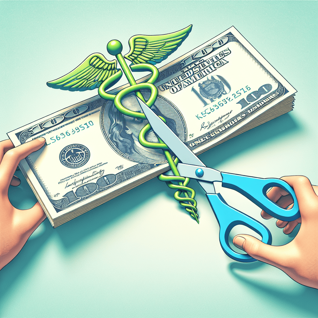 Generate a conceptual image demonstrating the theme of 'effortless ways to reduce healthcare costs'. Perhaps the picture can depict a healthcare symbol, such as the Caduceus, and a pair of scissors cutting through an oversized bill, symbolizing the reduction in costs. Try to illustrate the scene in a light, positive tone to indicate the ease and optimism associated with these changes. Incorporate vibrant colors such as light green or pale blue to make it lively and engaging.