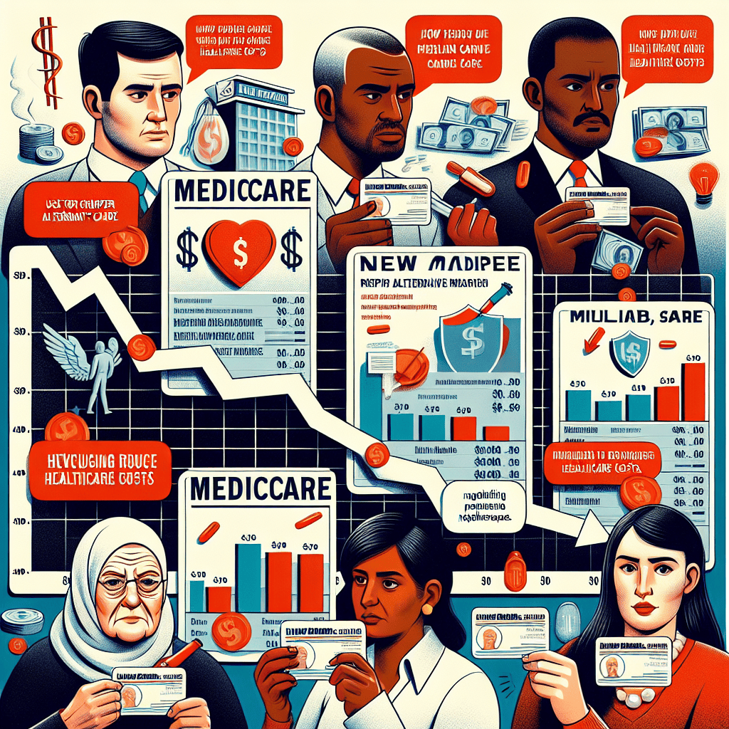 A detailed and informative visual representation of new Medicare policies and their impact on healthcare costs. The image features a variety of individuals representing different descents and genders - Caucasian male, Hispanic female, Black male, Middle-Eastern female, South Asian male, and a White female. Each individual is depicted examining their own Medicare cards, with thought bubbles above their heads that indicate various ways to reduce healthcare costs. For example, using cheaper alternative medication, opting for preventive care, negotiating healthcare costs. In the background, a large graph showing the decline of healthcare expenses due to suggested strategies.