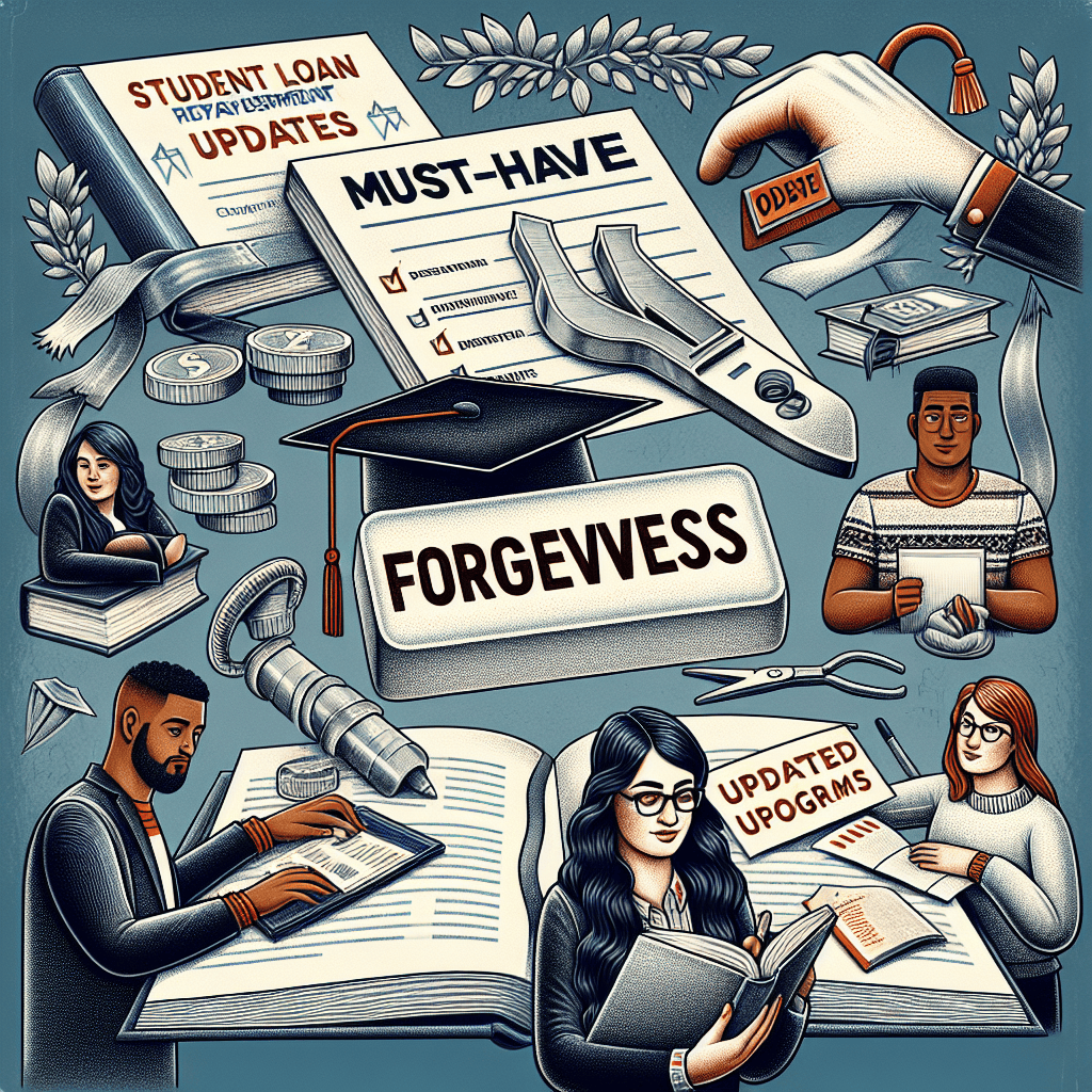 An intricately detailed image representing the concept of student loan repayment updates, centered around must-have forgiveness programs. Depict a diverse range of students: a Caucasian man holding a graduation cap, a Black woman with glasses reading a book, a Middle-Eastern man using a laptop, and an Asian woman writing on a notebook. Interspersed in the scene, include symbolic elements like a giant eraser labeled 'forgiveness', a diploma with an updated checklist, and a student loan letter being torn apart. A sense of relief and new beginnings should be conveyed in the image.