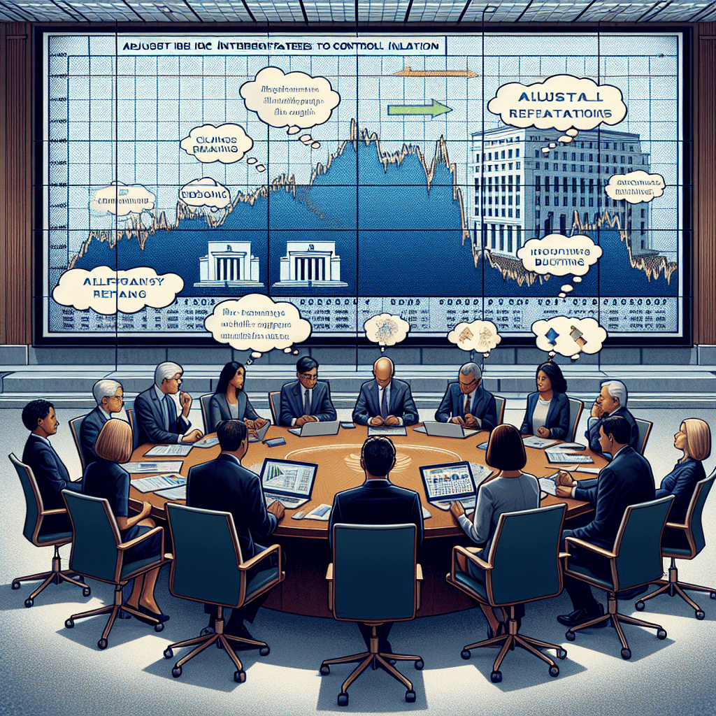 Depict a detailed scene at the Federal Reserve where analytical economists, who represent a variety of descents like South Asian female and Middle-Eastern male, are gathered around a large round table with charts and graphs spread out. They are engrossed in a deep discussion about adjusting interest rates to control inflation. Illustrate thought bubbles above their heads expressing ideas of different strategies such as changes in interest rates, bond buying, or altering reserve requirements. In the background, showcase a large digital screen displaying a line graph representing the rise and fall of inflation rates.