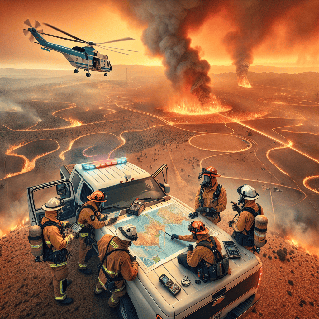 Aerial scene depicting extreme heatwaves over a vast dry land, characterized by distorted horizon. In the center, a team of Caucasian and South Asian female and male firefighters, in their protective gear, strategizing their operations. One is pointing at a detailed map laid out on their fire truck's hood. Another uses a radio to communicate. In the background, a wildfire is blazing fiercely, with swirling smoke rising towards the orange sky. Behind the firefighters, a water-dropping helicopter can be seen mid-flight, ready to douse the inferno.