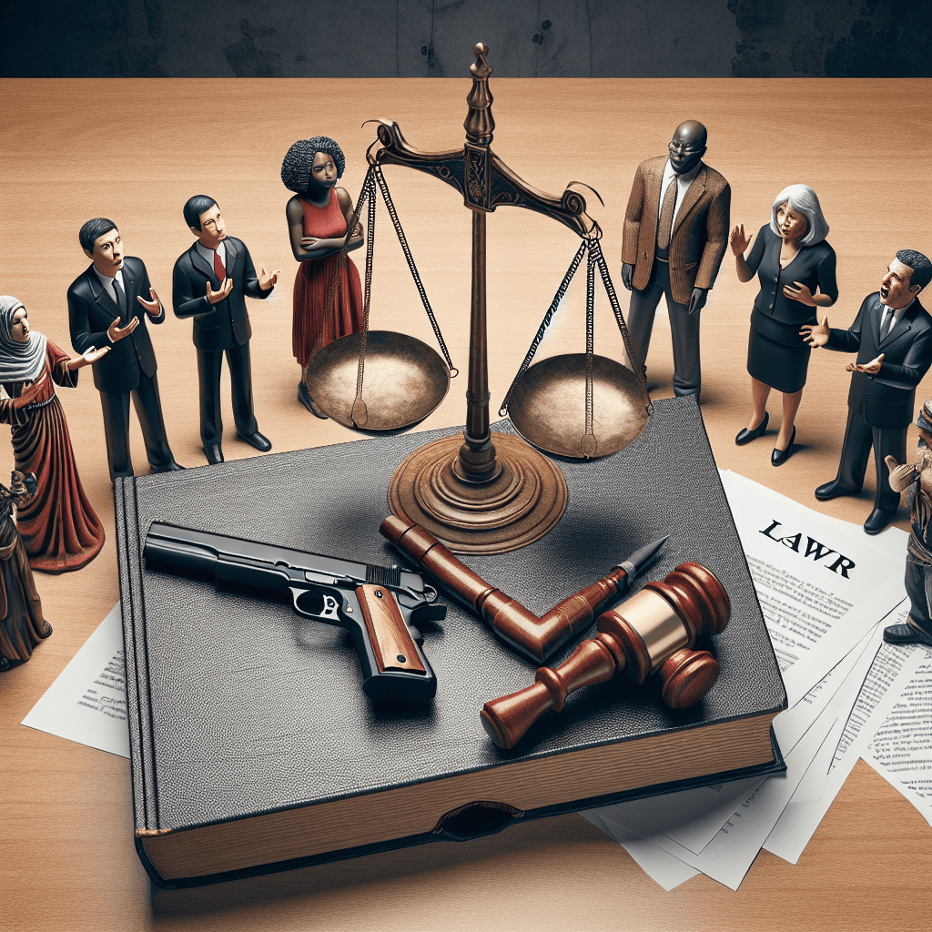 A balanced and unbiased depiction of the topic of gun control legislation. Picture a book on a wooden desk with pages turned to a chapter titled 'Best Measures to Prevent Gun Violence'. Next to it, illustrate a pair of scales with a gun on one side balanced against legal documents representing laws on the other. Surrounding these central items, show a diverse group of people in open dialogue: an Asian woman, Caucasian man, Black man, Hispanic woman, and a Middle-Eastern person, all discussing the topic passionately. Allow the emotions on their faces to suggest the gravity of their conversation.