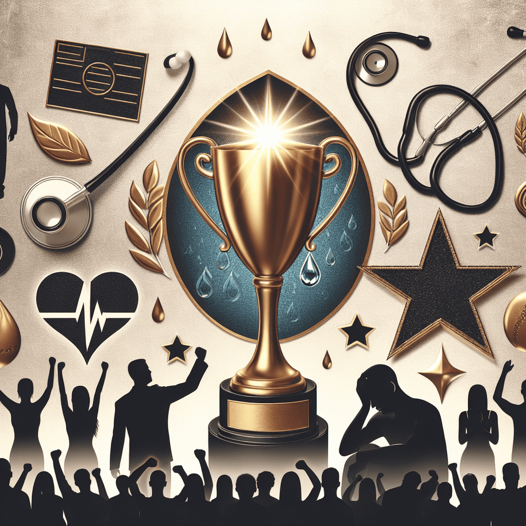A montage of symbolic images about wellness achievements and heartbreaking events. Include visuals of a golden trophy symbolizing milestones and accomplishments, and a teardrop to signify tragic events. Add an illustration of a stethoscope to represent the health context, and a generic celebrity star to embody fame without tying to a specific person. Also, integrate into the background silhouettes of anonymous people cheering in joy and others mourning in sorrow to convey a range of emotions.