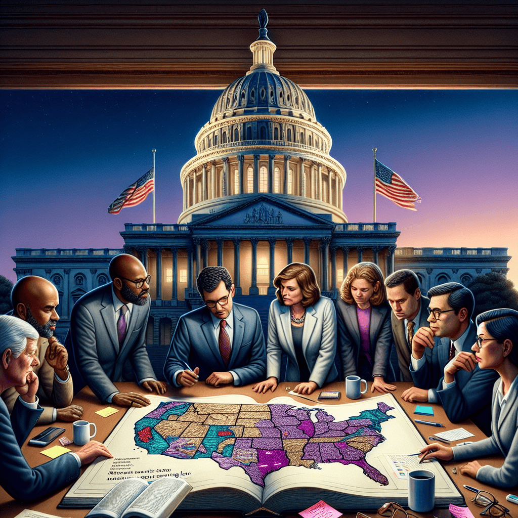 A detailed image of a stone government building against a twilight sky, with the American flag waving gently on its rooftop. In the foreground, a diverse group of citizens—Middle-Eastern male, Caucasian female, Hispanic male, and South Asian female—are profoundly engaged in a discussion. They hold a large map that illustrates changes to the voting district lines across the United States, indicated by various vividly colored zones. An open law book rests upon this map, its pages containing ultrafine text about changes in voting laws. Strewn around the book are post-it notes, pens, coffee mugs, and eyeglasses, suggesting that the conversation has been long and detailed.