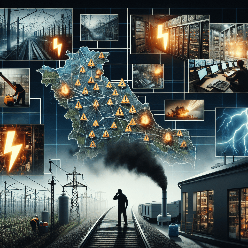 Visual representation of the risk of a nationwide blackout due to grid failure. Features a map of a country showing its electrical grid with flashes indicating points of failure. On one side, pictures illustrating precautions to avoid the failure like maintenance crews working on power lines, installation of modern equipment in power plants, and an individual using a home power generator. The atmosphere should be serious and alarming to emphasize the gravity of the situation, using dark and muted tones for the blackout part, and brighter, more hopeful colors for the precautions part.