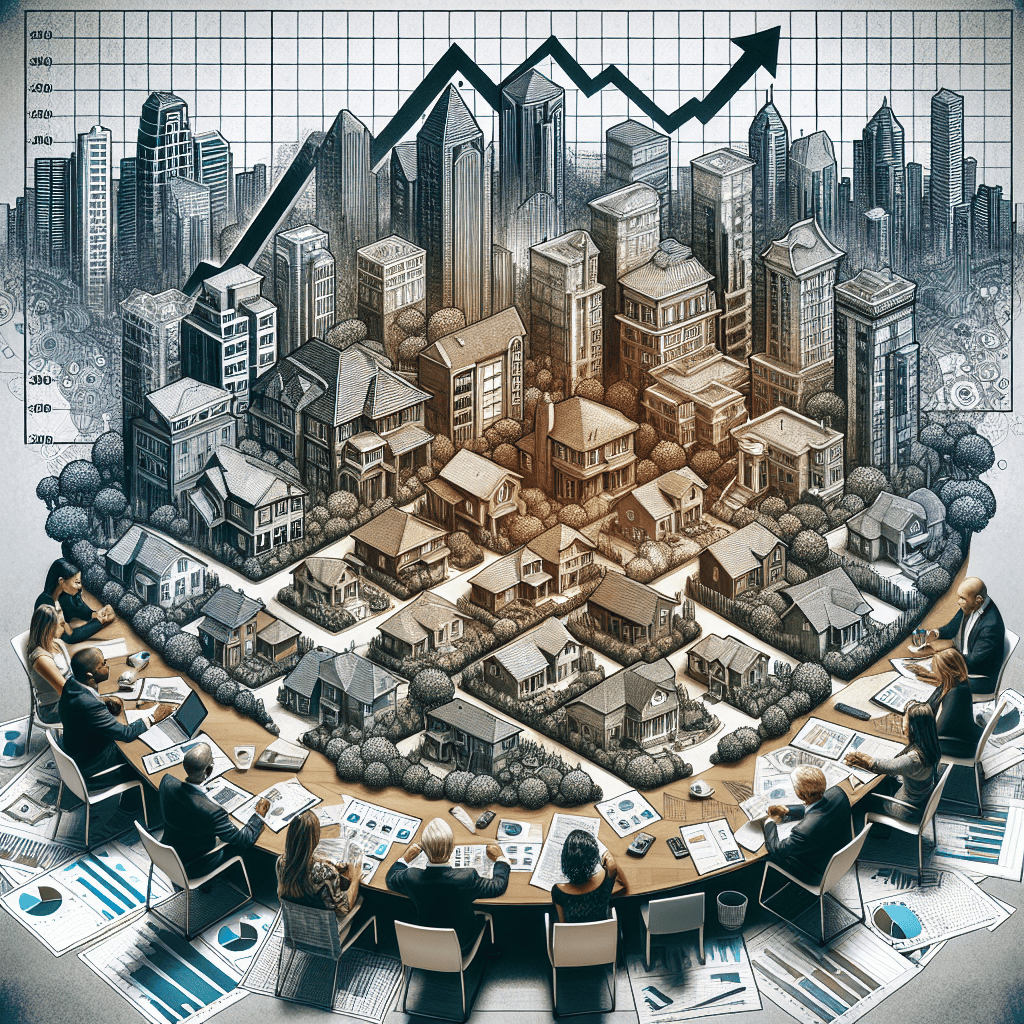 An intricate visual representation of the US housing market, symbolized by a large, detailed cityscape with various types of residential buildings ranging from suburban single-family homes to urban apartments. The cityscape is intersected by a rising graph line, symbolizing increasing mortgage rates. A diverse group of people, including a Caucasian woman, an Hispanic man, a Black woman, and a Middle-Eastern man, are depicted discussing and strategizing around a round table with different strategies marked on a map of the city. Financial documents and calculators are scattered on the table, signifying their brainstorming process.