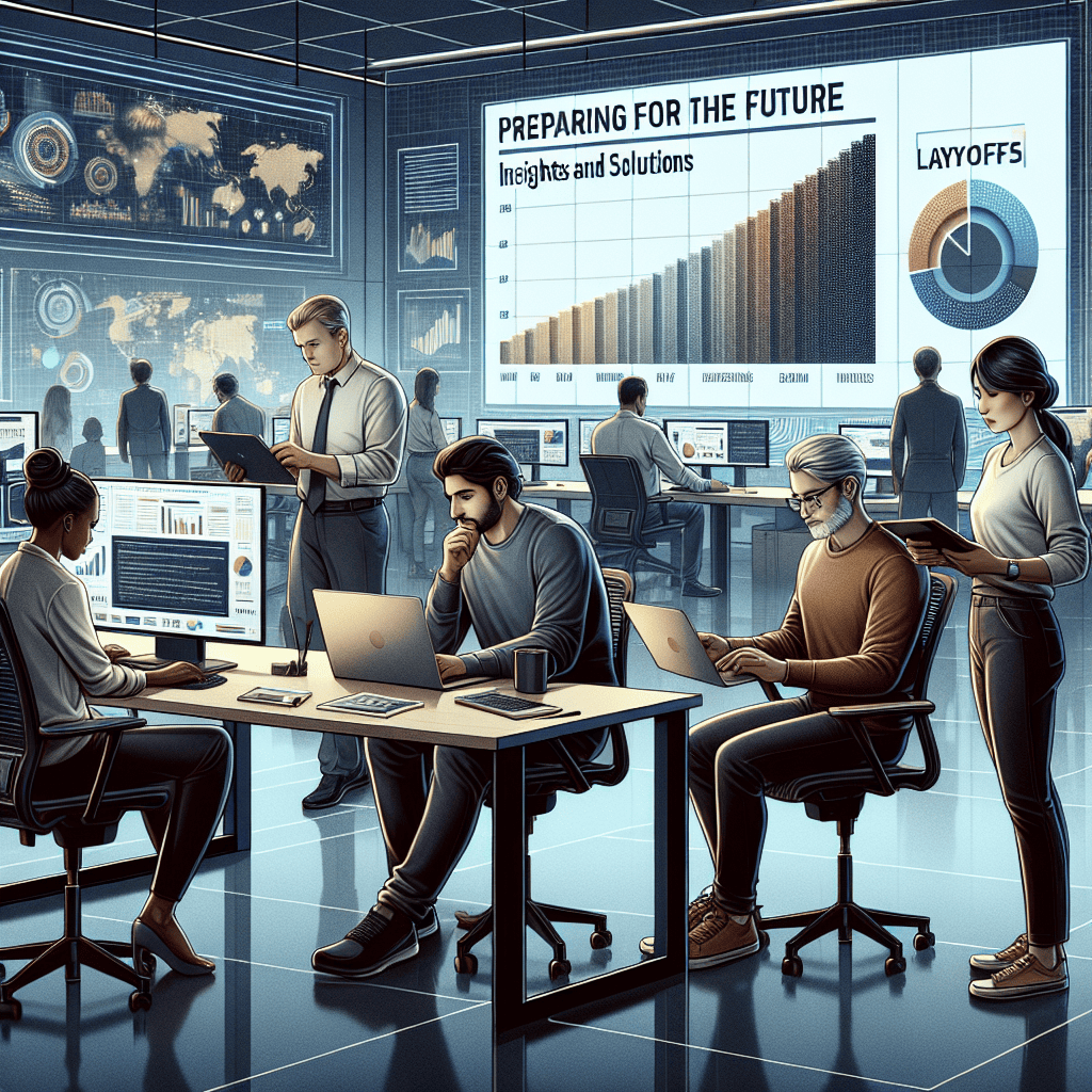 An informative image depicting a diverse group of tech workers in an office environment. Include three individuals - a Caucasian female studying on her laptop, a Middle Eastern male analyzing data on his computer and a Hispanic male having a discussion with his South Asian female colleague. Next to them should be an LED screen displaying a pie chart of layoffs in the tech industry. The atmosphere is solemn, yet hopeful. In the background, add a banner which reads, 'Preparing for the future: Insights and Solutions'. The underlying theme should denote resilience, adaptation, and forward-thinking in the face of adversity.