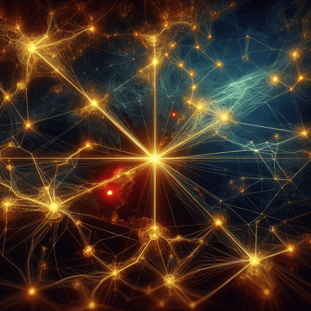 Imagine an intricate network of interconnecting lines, symbolizing a nation's power grid in golden hues against a deep blue background. The golden nodes are glowing brightly, indicating cities connected by the grid. Suddenly, a prominent node in the center starts to flicker, its light dimming and brightening intermittently, while red flashes hint at a potential crisis. Adjacent lines and nodes progressively darken, suggesting the spread of a blackout. The words 'Critical Nationwide Blackout Alert' appear at the bottom, amplifying the sense of impending danger.