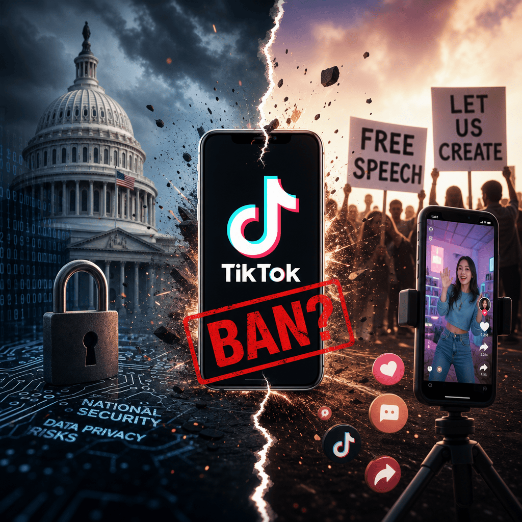 Illustration of Tech Tensions: Explosive TikTok Ban Debate