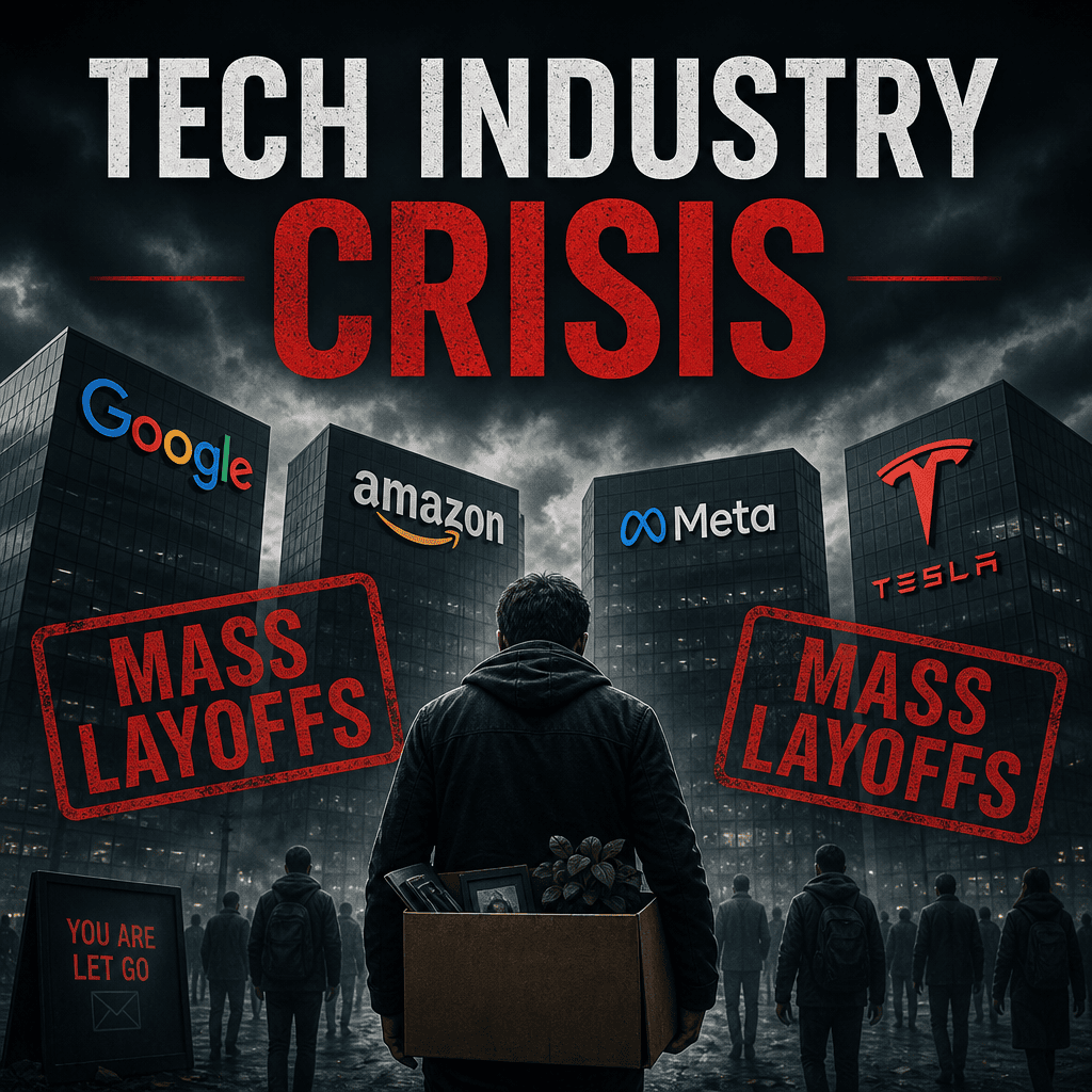 Illustration of Tech Industry Crisis: Devastating Mass Layoffs at Google, Amazon, Meta, Tesla